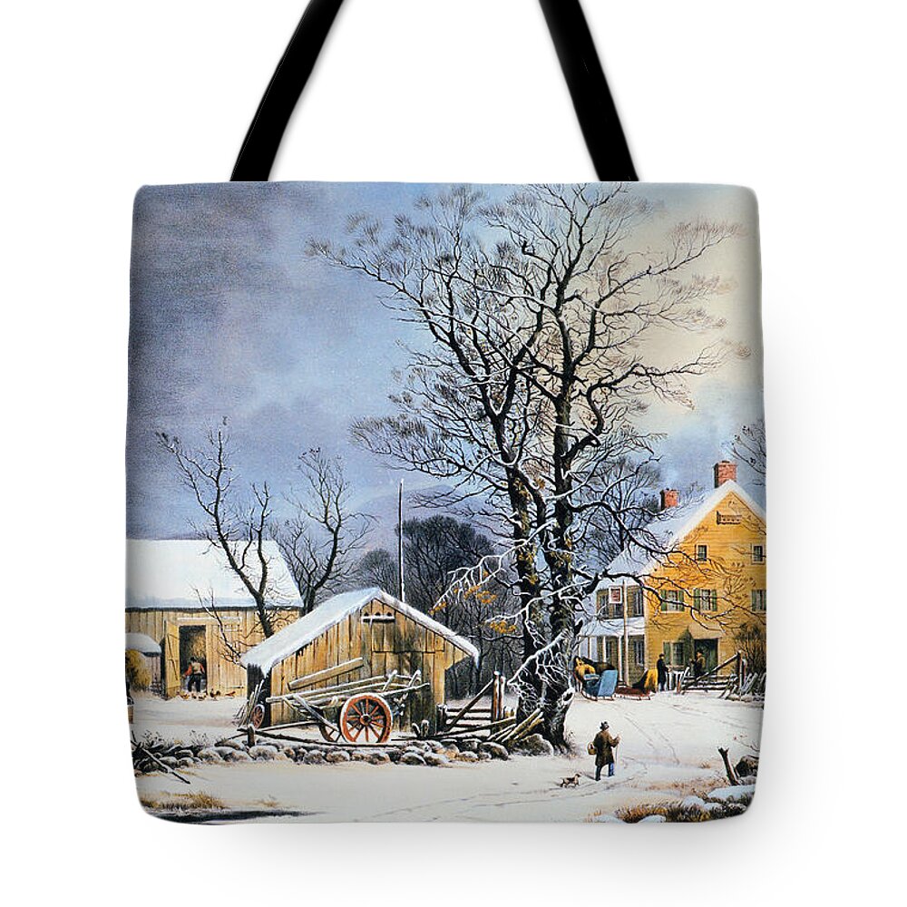  Tote Bag featuring the painting Currier & Ives Winter Scene #3 by Granger