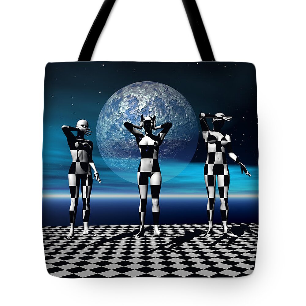 3d Tote Bag featuring the digital art 3 Graces can be found anywhere by Claude McCoy