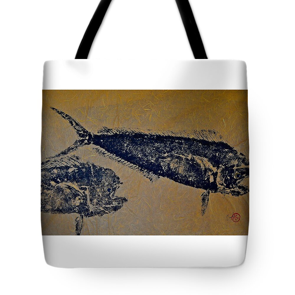 Gyotaku Tote Bag featuring the mixed media Gyotaku - Mahi Mahi - Dorado - Dolphinfish #3 by Jeffrey Canha