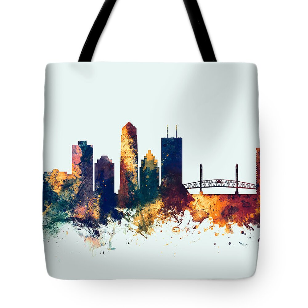 Jacksonville Tote Bag featuring the digital art Jacksonville Florida Skyline #3 by Michael Tompsett