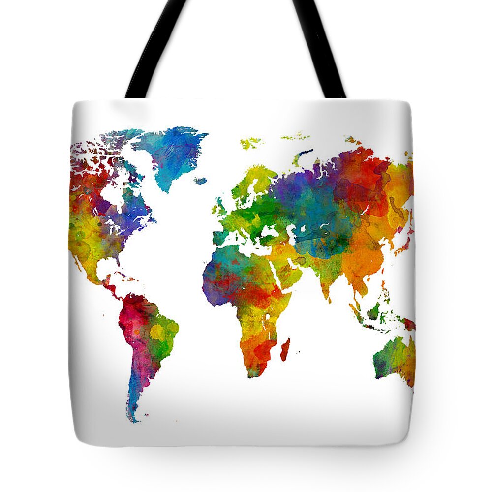World Map Tote Bag featuring the digital art Map of the World Map Watercolor by Michael Tompsett