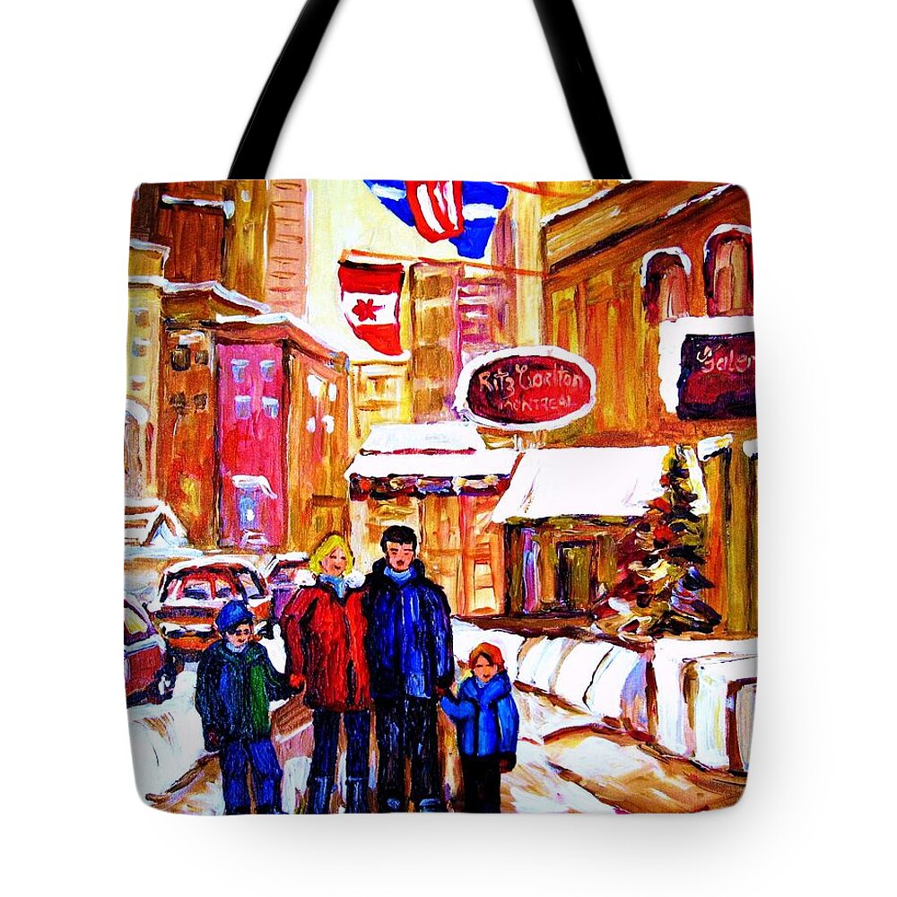 Montreal Tote Bag featuring the painting Montreal Street In Winter #3 by Carole Spandau