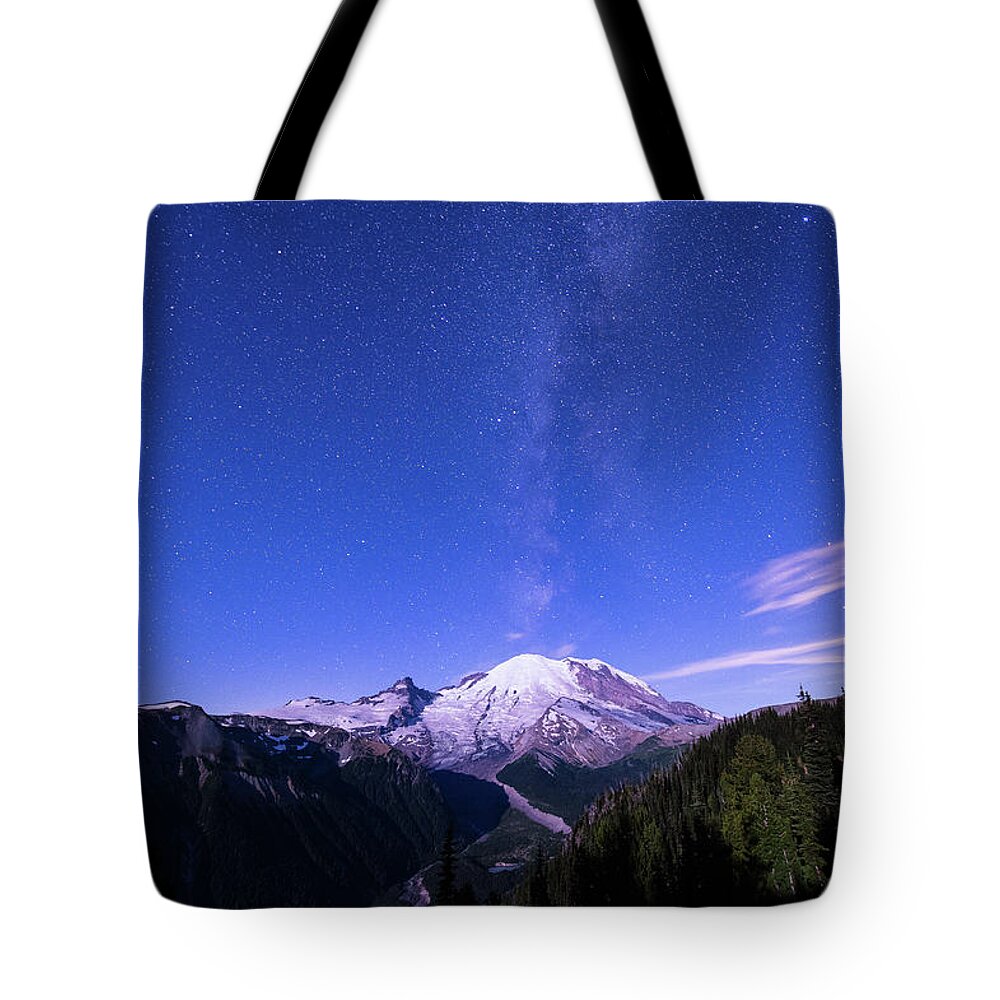 Landscape Tote Bag featuring the photograph Mt.Rainier with Milky way #3 by Hisao Mogi