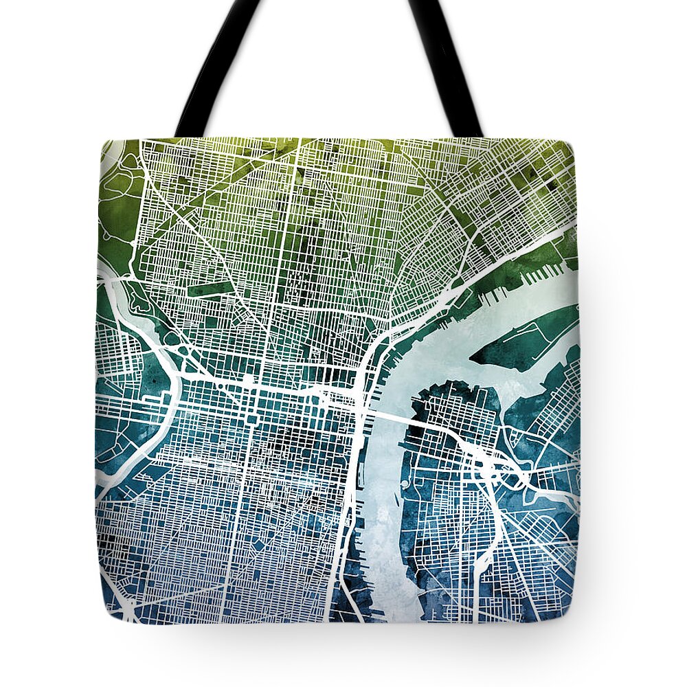Street Map Tote Bag featuring the digital art Philadelphia Pennsylvania City Street Map by Michael Tompsett