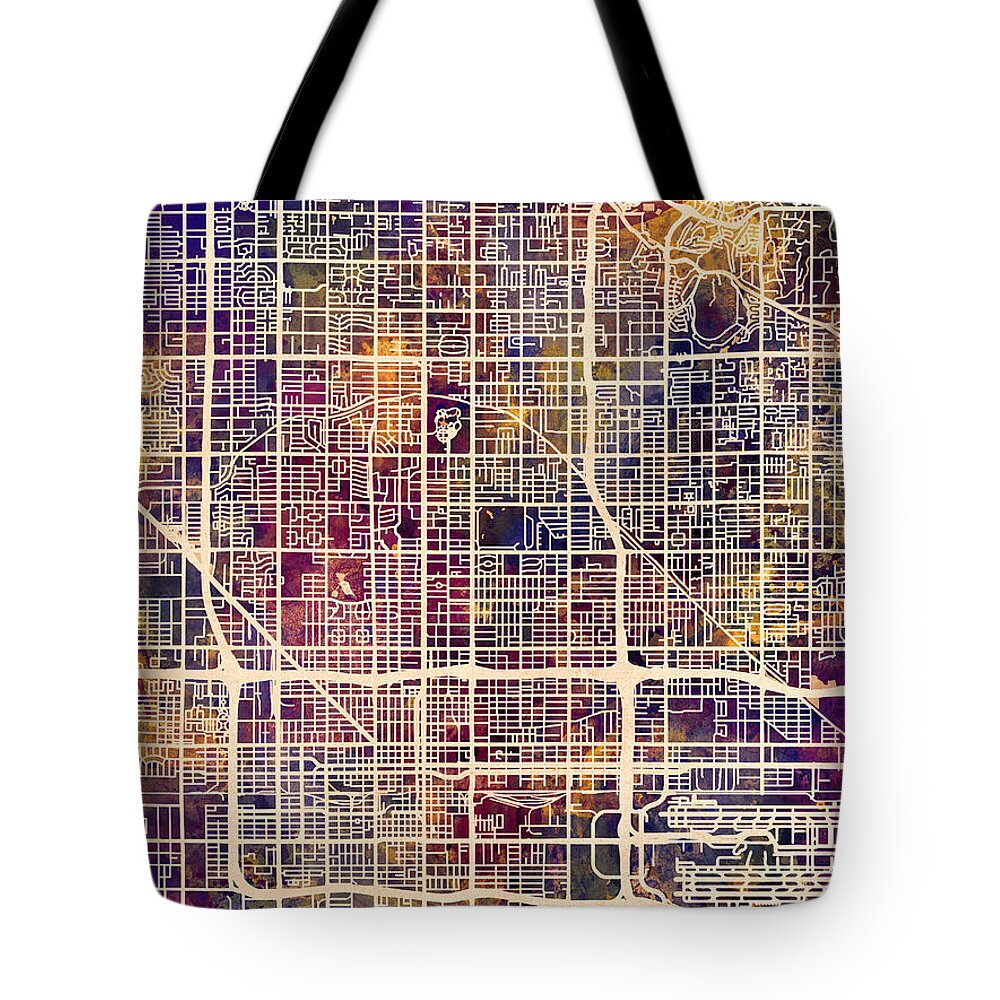 Phoenix Tote Bag featuring the digital art Phoenix Arizona City Map by Michael Tompsett