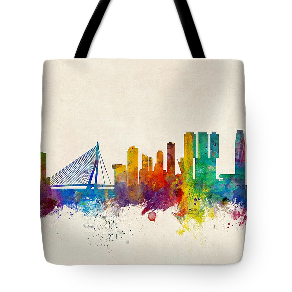 Rotterdam Tote Bag featuring the digital art Rotterdam The Netherlands Skyline #3 by Michael Tompsett