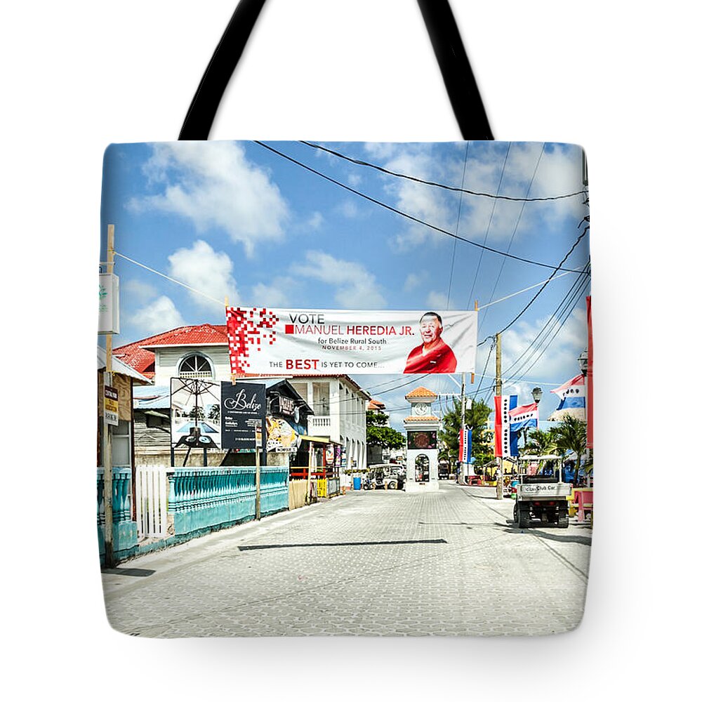 Ambergris Caye Tote Bag featuring the photograph Street Scene of San Pedro #4 by Lawrence Burry