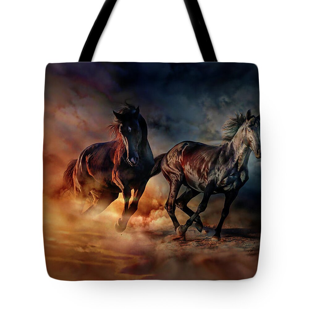 Horses Tote Bag featuring the painting Two horses by Lilia D