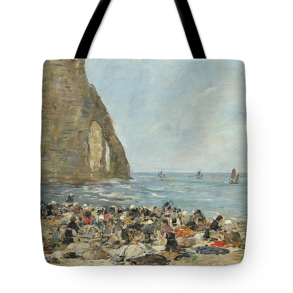 Eugne Boudin Tote Bag featuring the painting Washerwomen on the Beach of Etretat #3 by Eugene Boudin