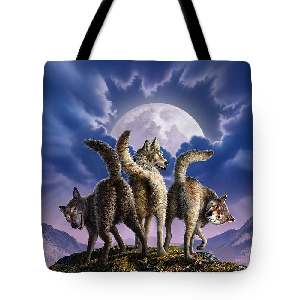 Wolf Tote Bag featuring the digital art 3 Wolves Mooning by Jerry LoFaro