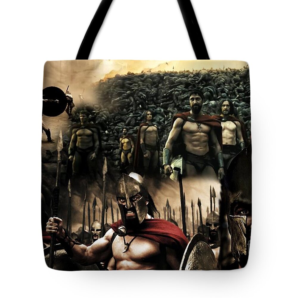 300 Movie Tote Bag featuring the painting 300 Spartans by Carl Gouveia