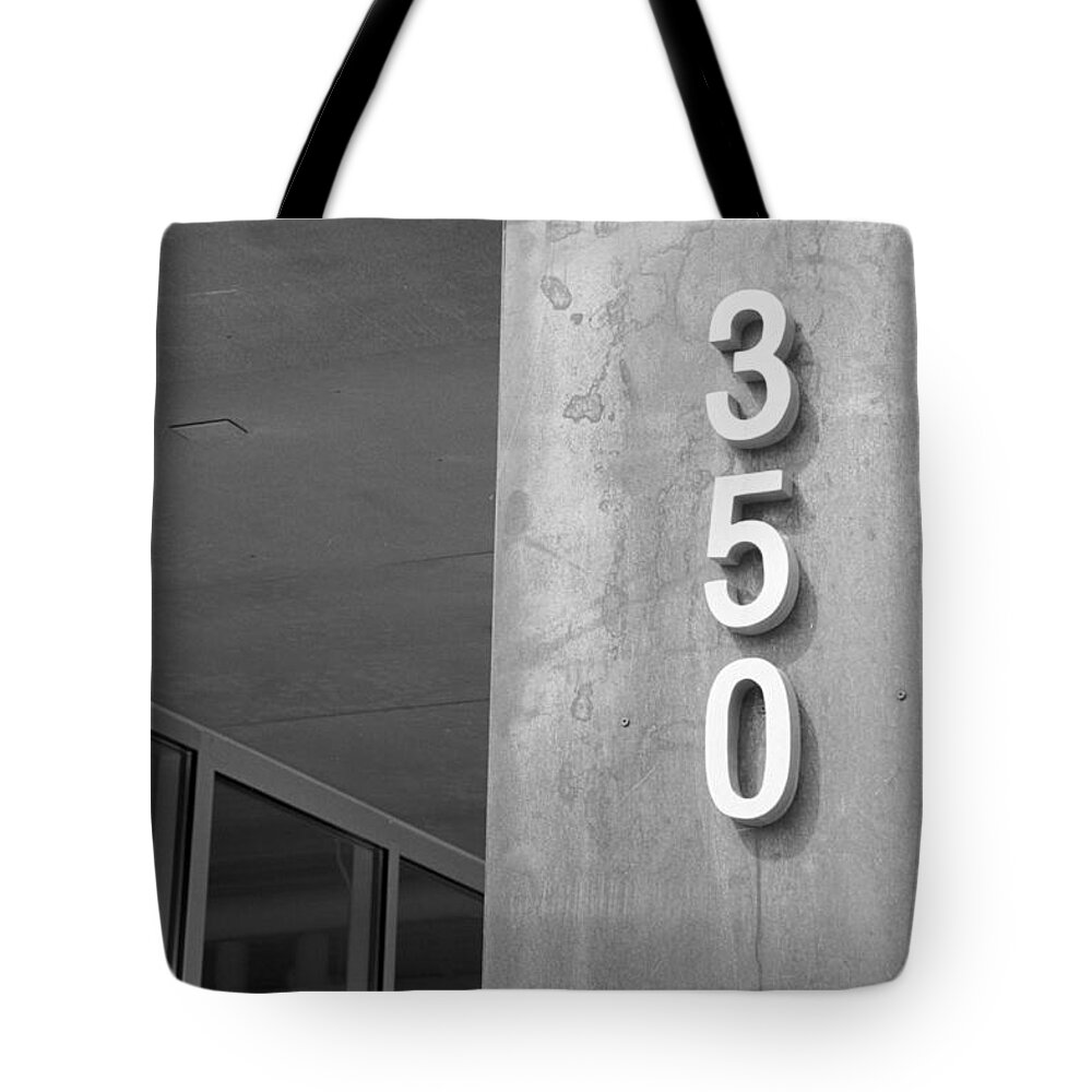 Black White Monochrome Street Film 350 Number Building Address Tote Bag featuring the photograph 350 by Ken DePue