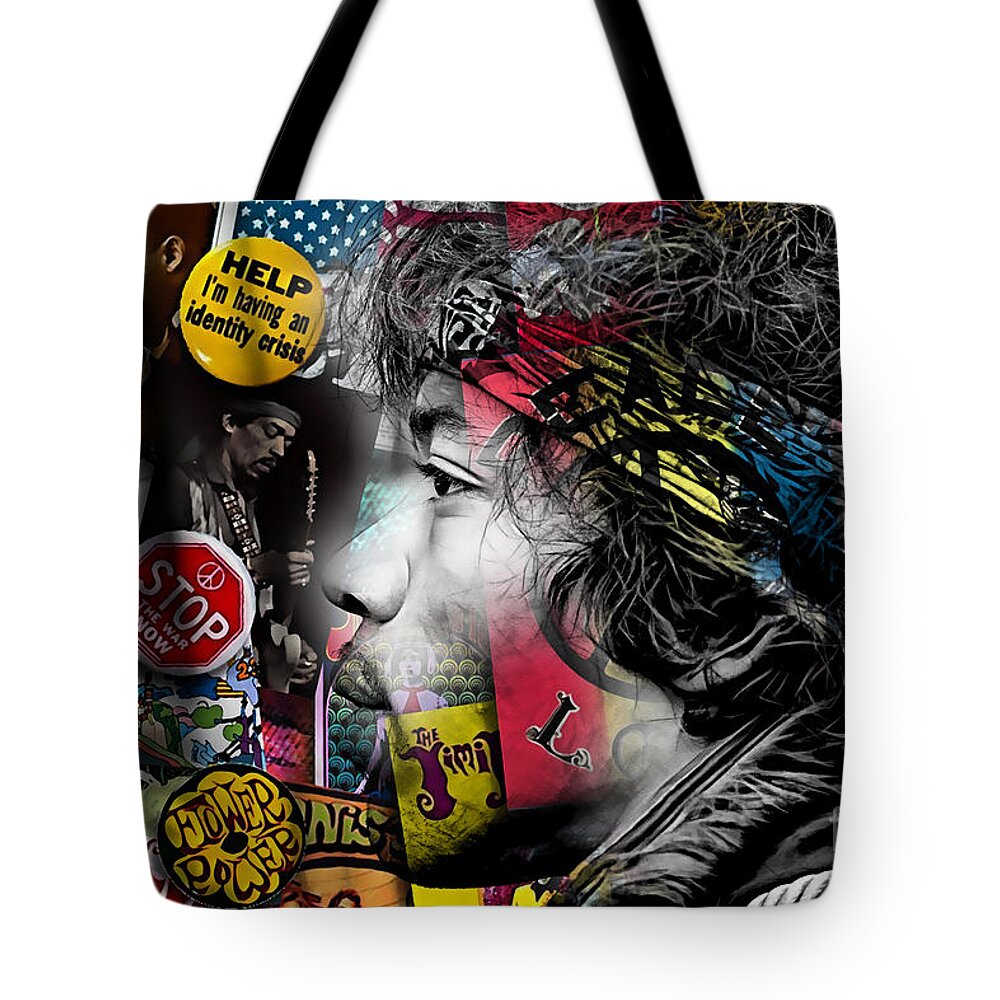 Jimi Hendrix Tote Bag featuring the mixed media Jimi Hendrix Collection #64 by Marvin Blaine