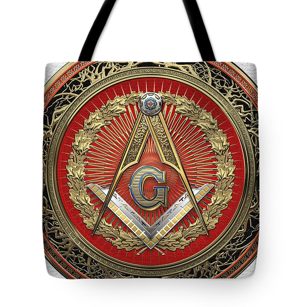 Ancient Brotherhoods Collection By Serge Averbukh Tote Bag featuring the digital art 3rd Degree Mason Gold Jewel - Master Mason Square and Compasses over White Leather by Serge Averbukh