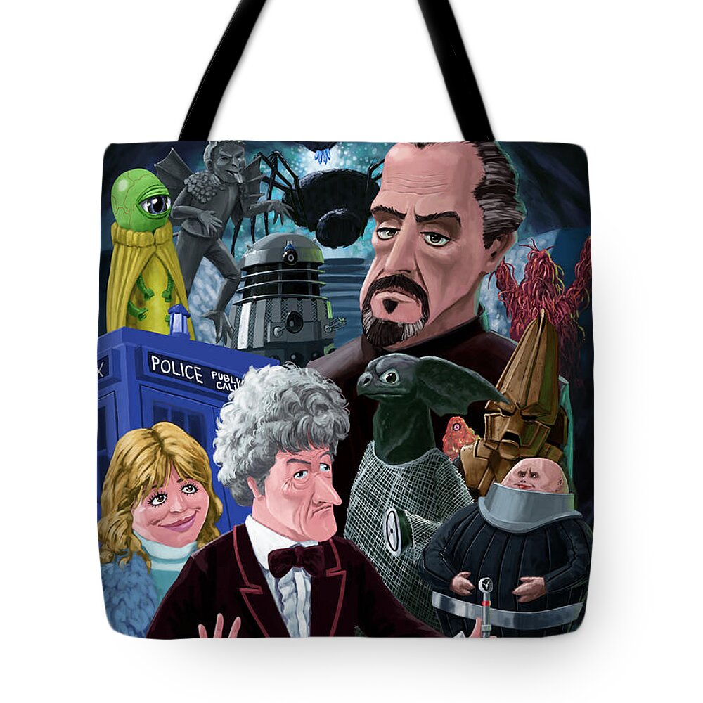 Doctor Who Tote Bag featuring the digital art 3rd Dr Who and Friends by Martin Davey