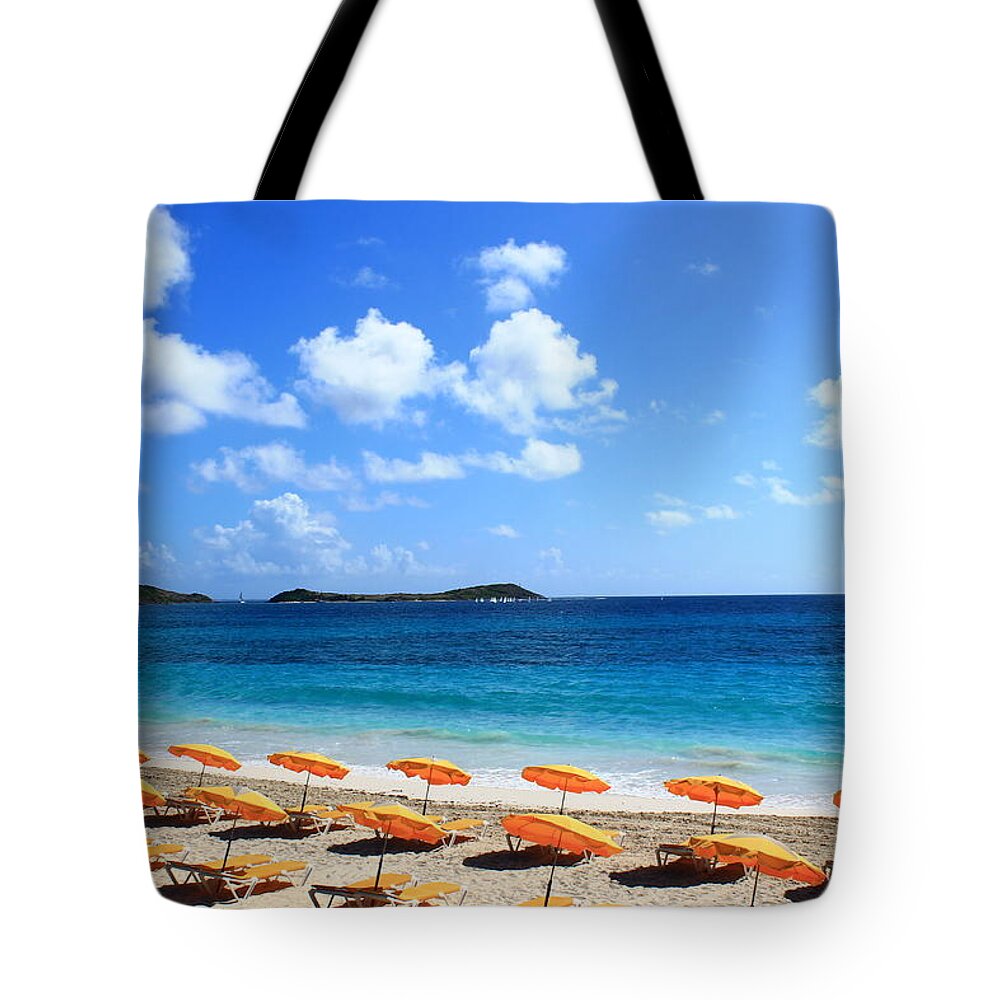Beach Tote Bag featuring the photograph Beach umbrellas #4 by Catie Canetti