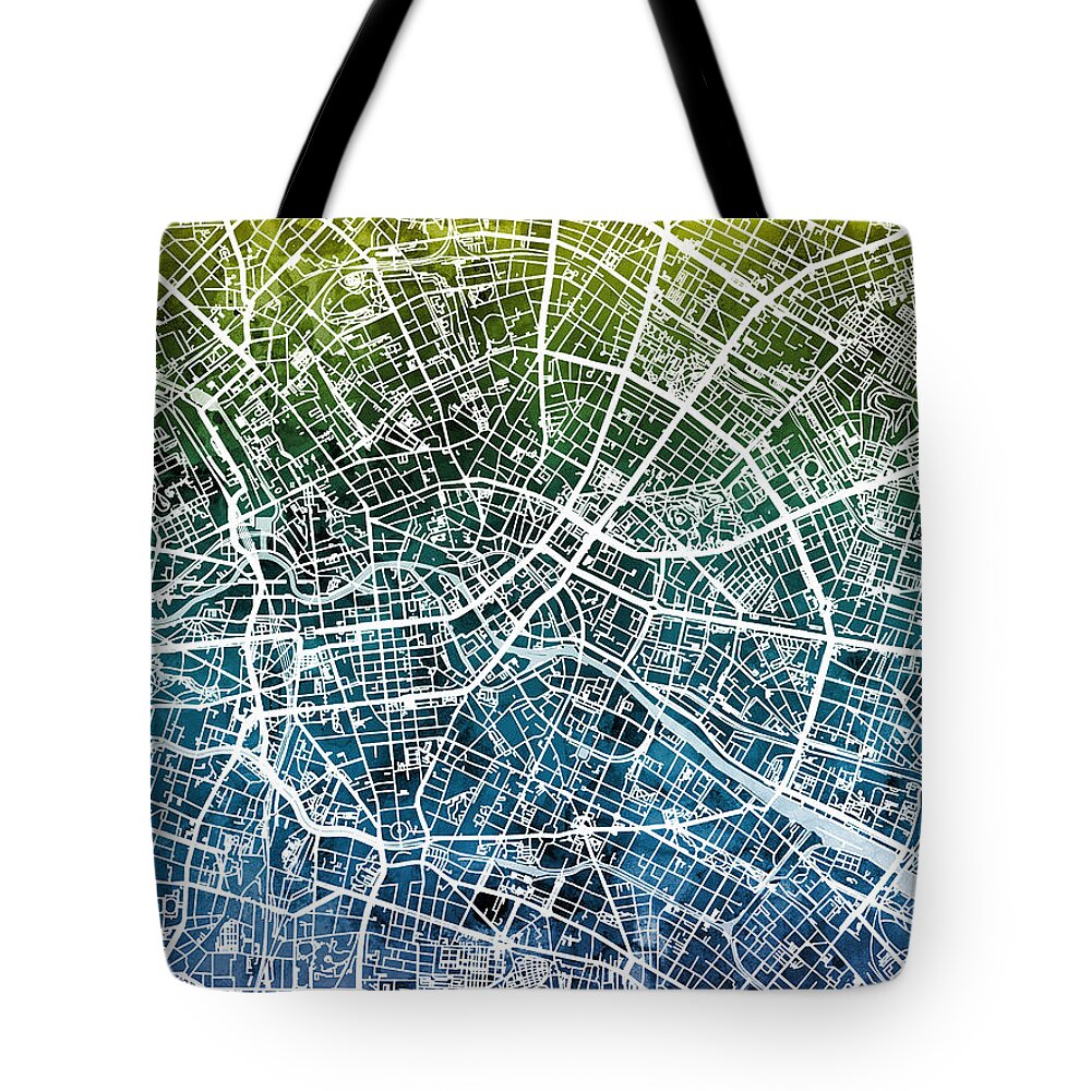 Berlin Tote Bag featuring the digital art Berlin Germany City Map by Michael Tompsett