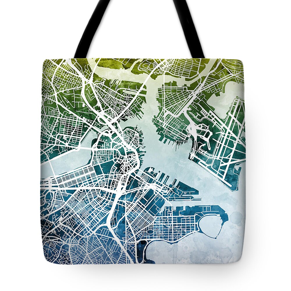 Street Map Tote Bag featuring the digital art Boston Massachusetts Street Map by Michael Tompsett