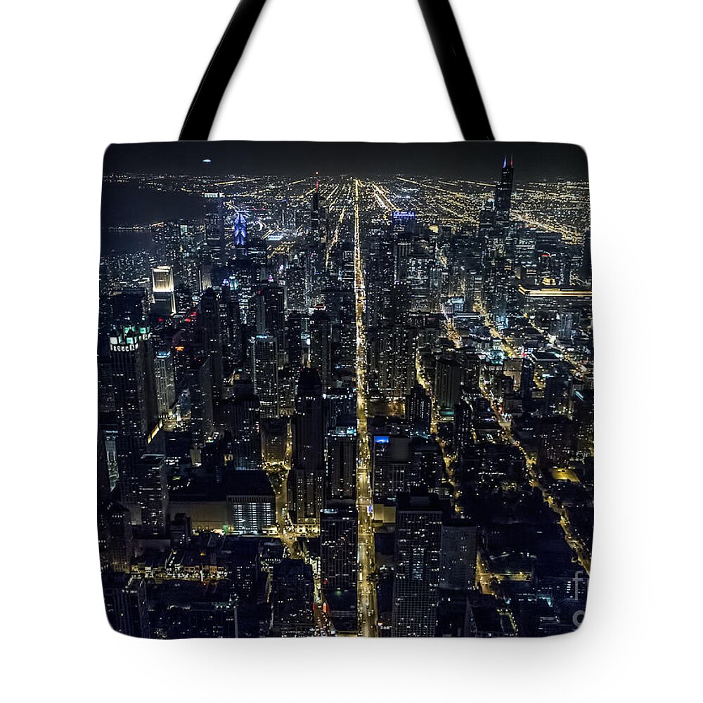 Chicago Tote Bag featuring the photograph Chicago Night Skyline Aerial Photo #18 by David Oppenheimer