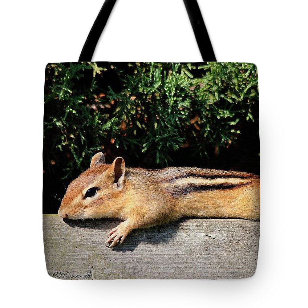 Mccombie Tote Bag featuring the painting Chipmunk Chillin' on the Railin' #1 by J McCombie