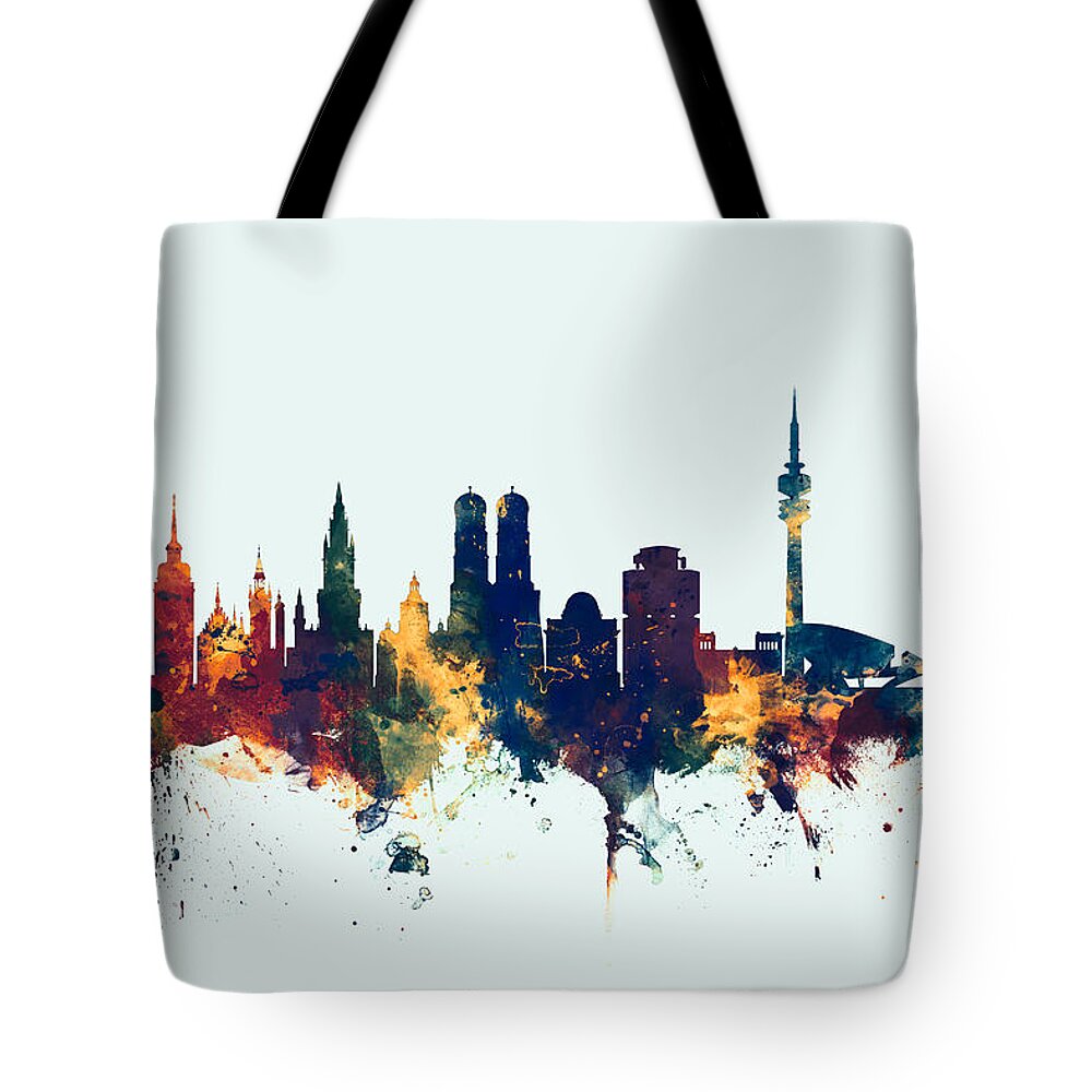 City Skyline Tote Bag featuring the digital art Munich Germany Skyline by Michael Tompsett