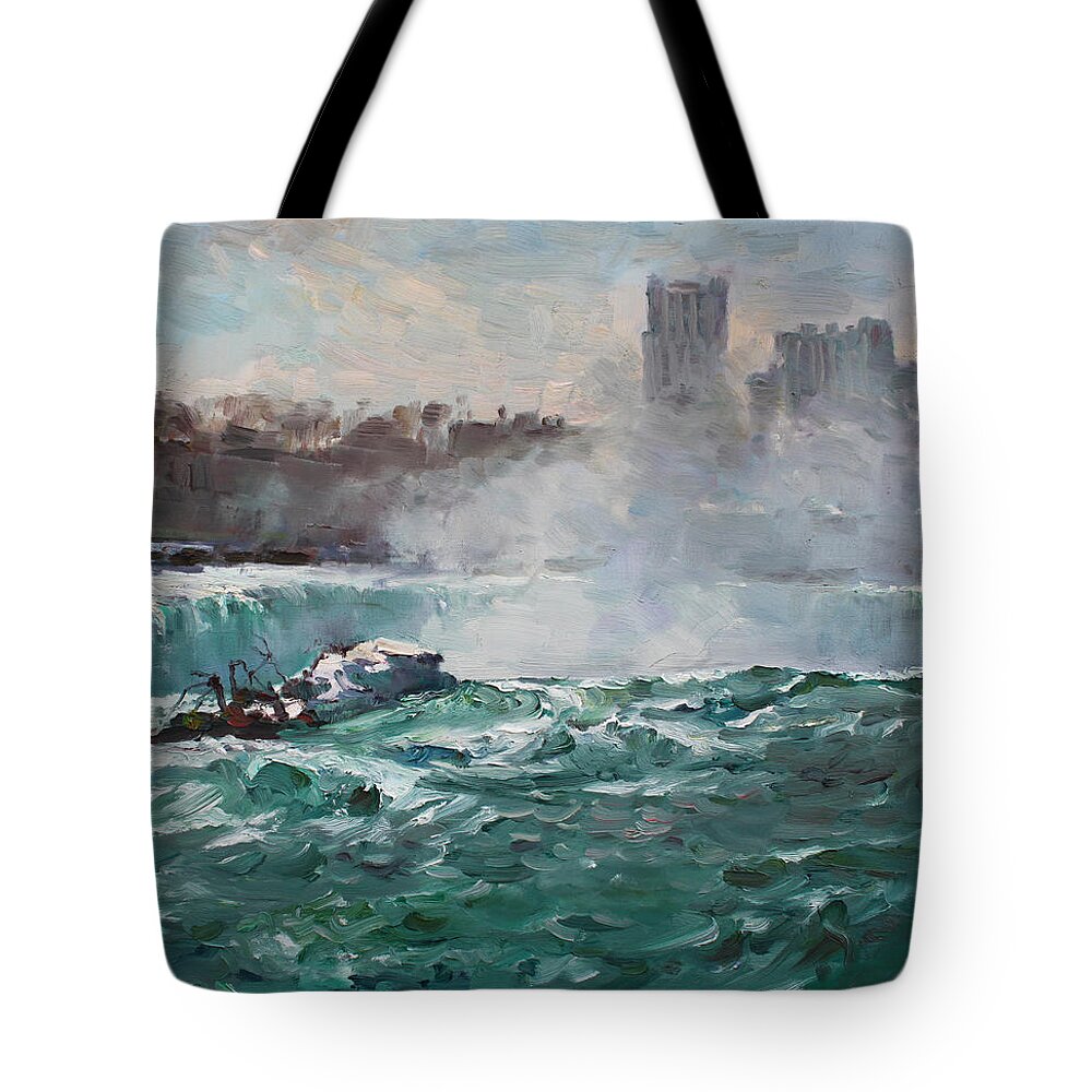 Niagara Falls Landscape Tote Bag featuring the painting Niagara Falls by Ylli Haruni
