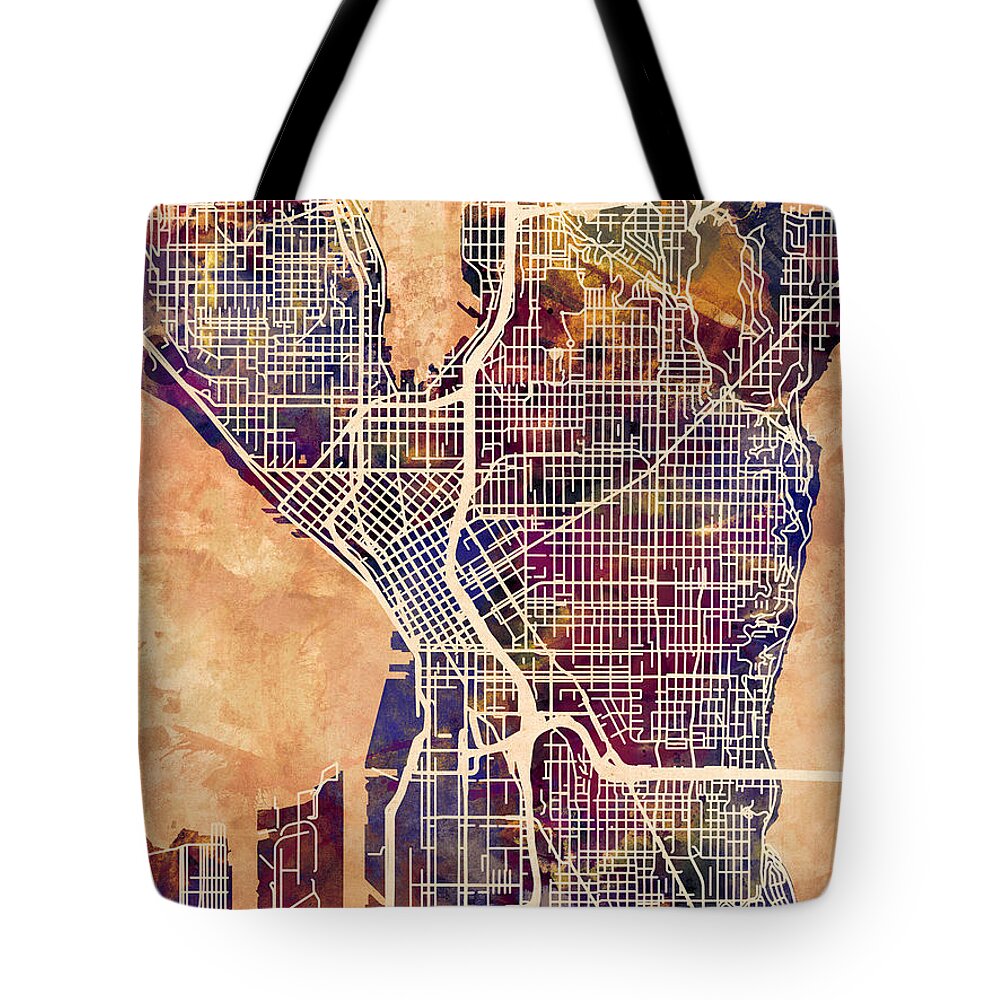 Street Map Tote Bag featuring the digital art Seattle Washington Street Map by Michael Tompsett