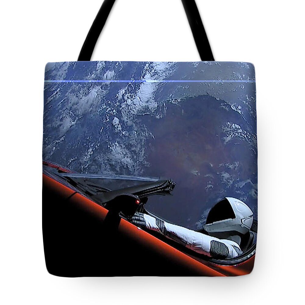 Starman In Tesla Roadster With Planet Earth Traveling In The Space Tote Bag featuring the painting Starman In Tesla Roadster With Planet Earth traveling in the Space #4 by Celestial Images