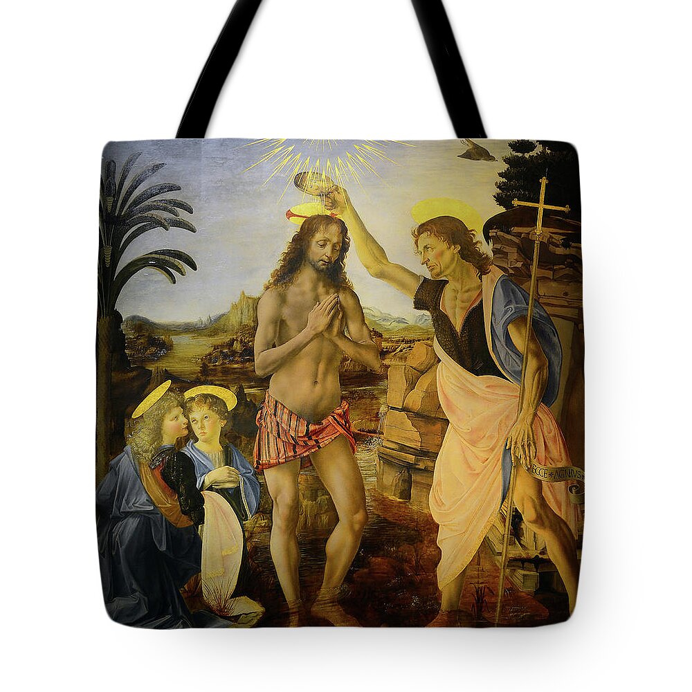 Leonardo Da Vinci Tote Bag featuring the painting The Baptism Of Christ #4 by Leonardo Da Vinci