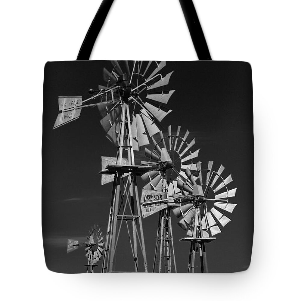Windmill Iowa Farm Windmills Black White Monochrome Tote Bag featuring the photograph 4 Windmills by Ken DePue