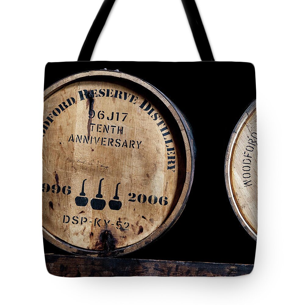 Kentucky Tote Bag featuring the photograph Woodford Reserve Barrels #4 by John Daly