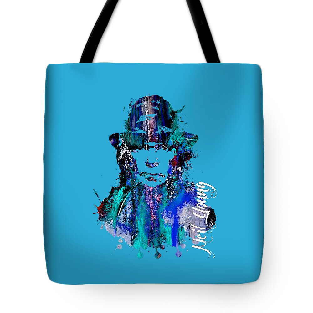 Neil Young Tote Bag featuring the mixed media Neil Young Collection #42 by Marvin Blaine