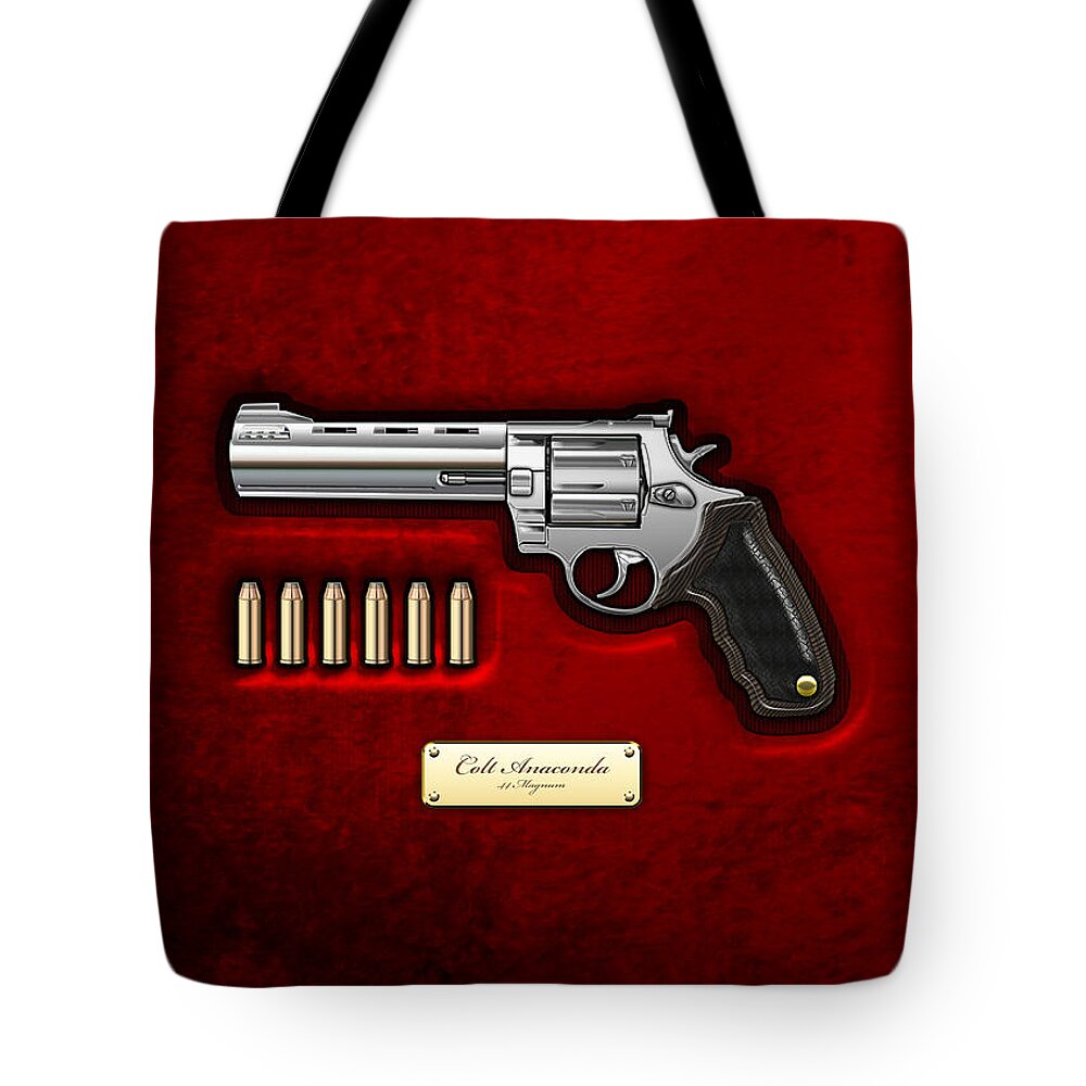 The Armory By Serge Averbukh Tote Bag featuring the photograph .44 Magnum Colt Anaconda on Red Velvet by Serge Averbukh