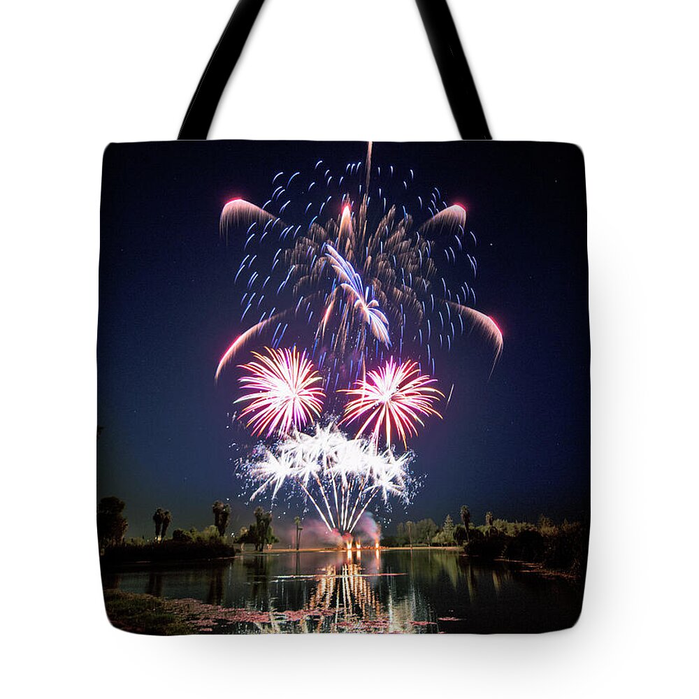 Firework Tote Bag featuring the photograph 4th Madera Golf Course by John Swartz