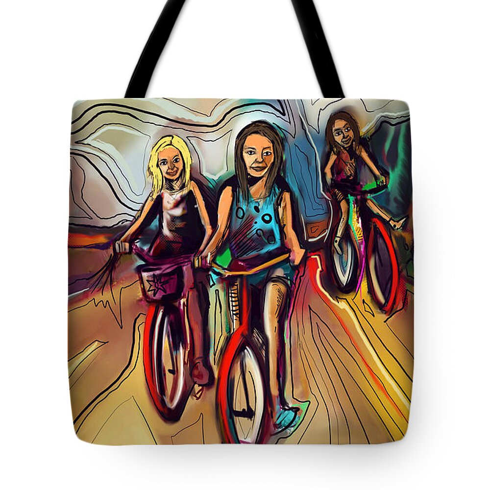  Tote Bag featuring the painting 5 Bike Girls by John Gholson