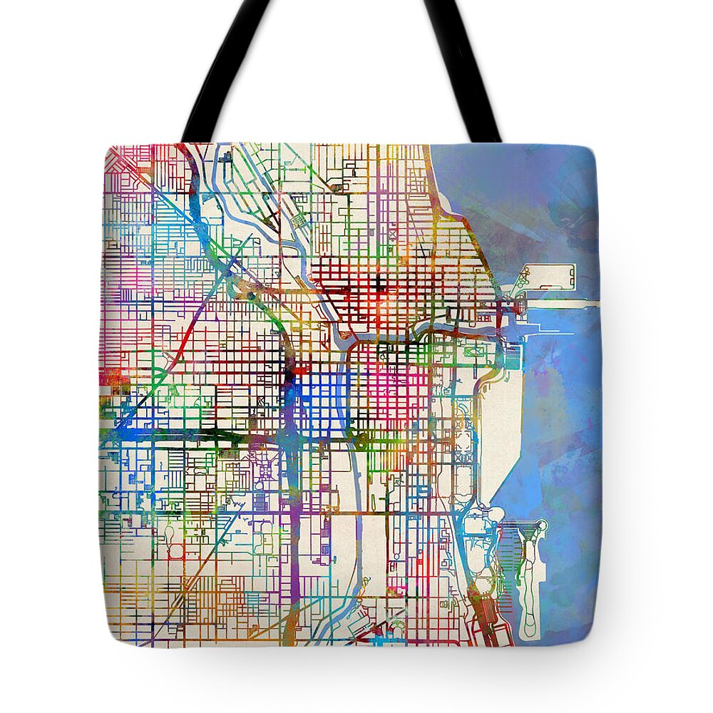 Chicago Tote Bag featuring the digital art Chicago City Street Map by Michael Tompsett