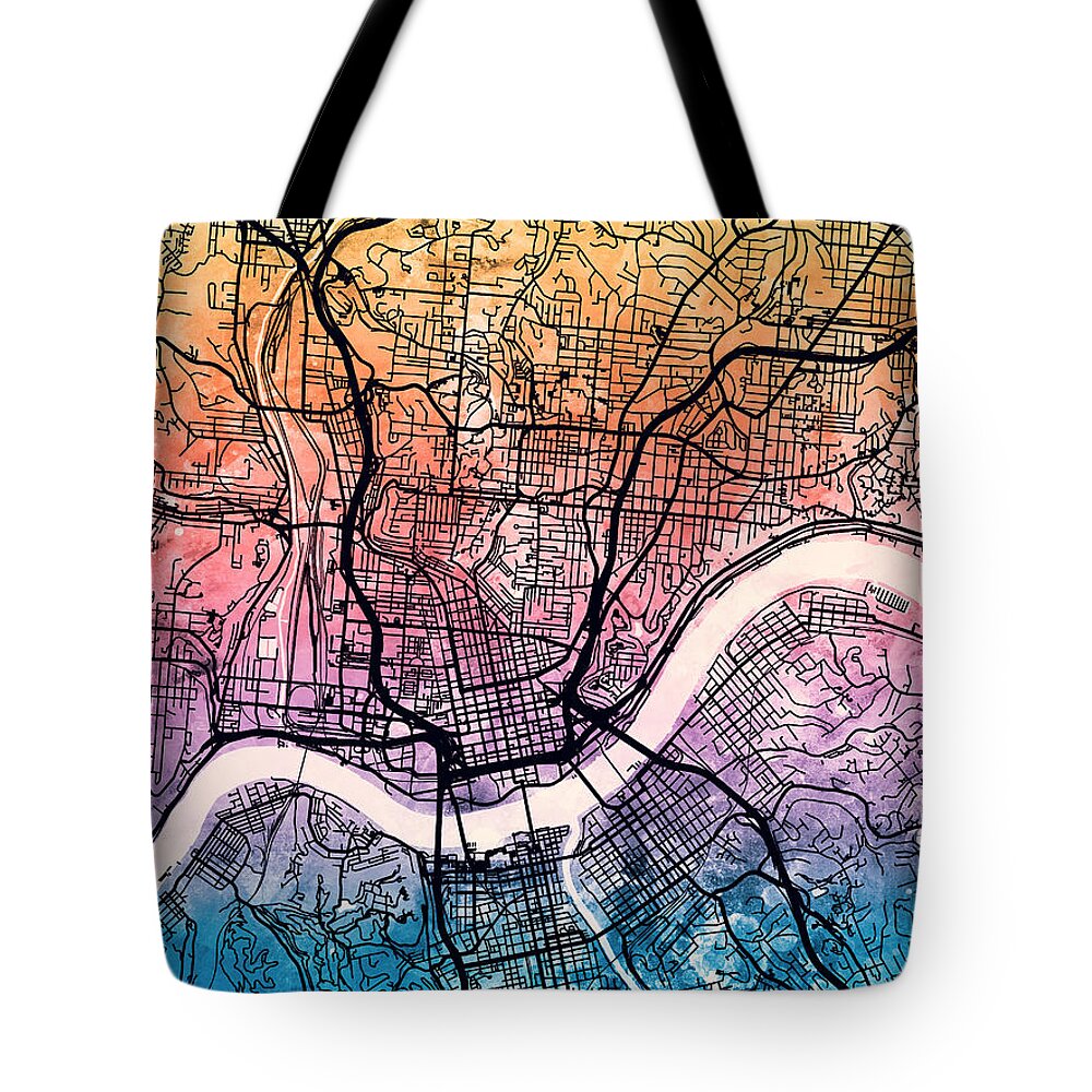 Cincinnati Tote Bag featuring the digital art Cincinnati Ohio City Map by Michael Tompsett