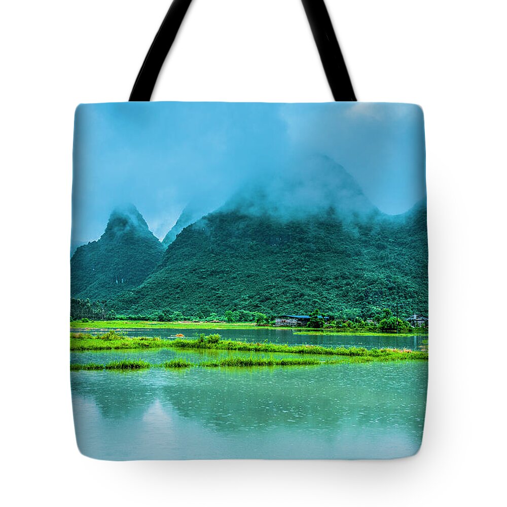 Karst Tote Bag featuring the photograph Karst rural scenery in raining #5 by Carl Ning