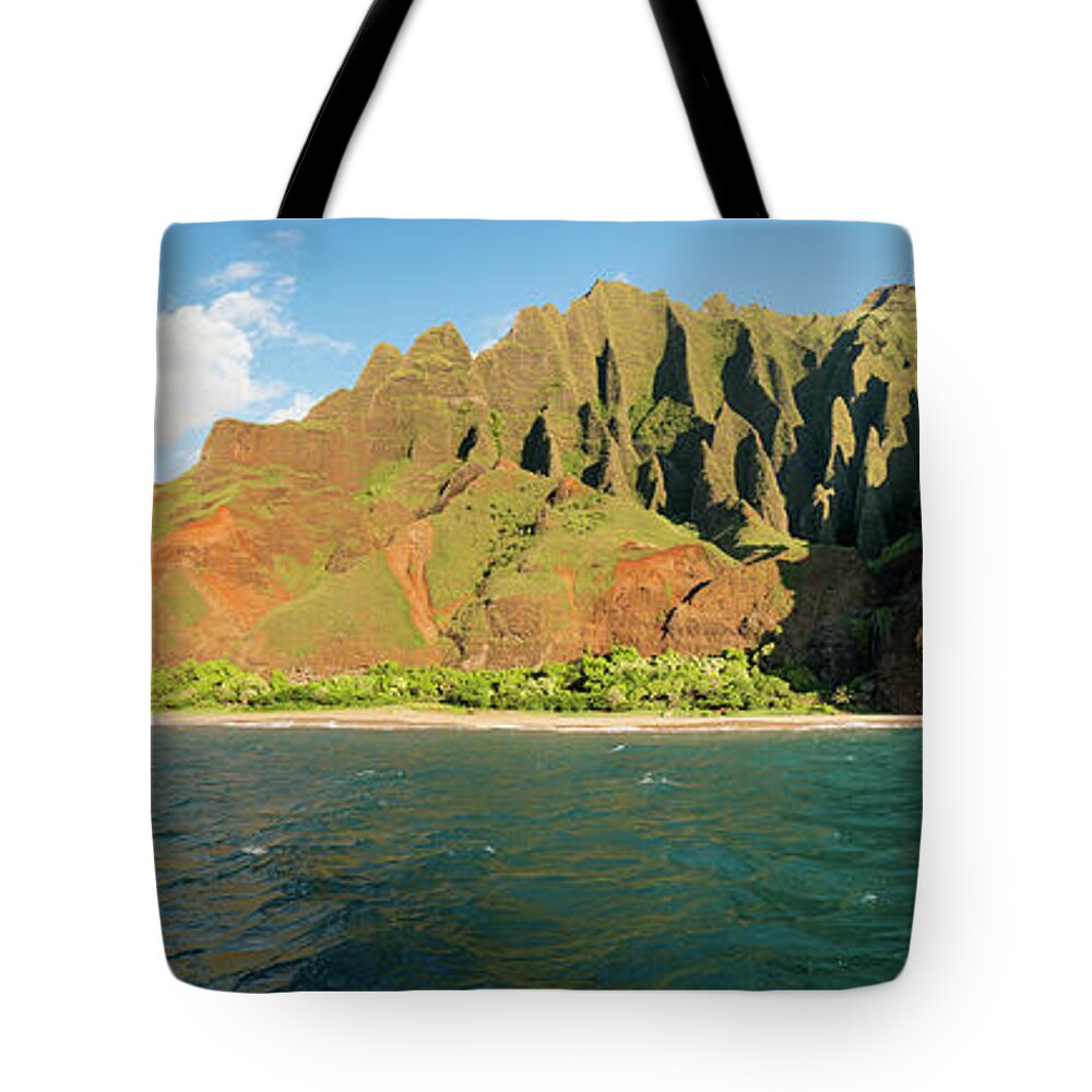Boat Tote Bag featuring the photograph Na Pali coastline taken from sunset cruise along Kauai shore #5 by Steven Heap