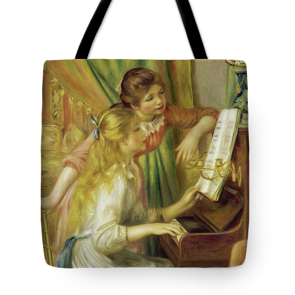 Piano Tote Bag featuring the mixed media The Piano Music Teacher by Auguste Renoir