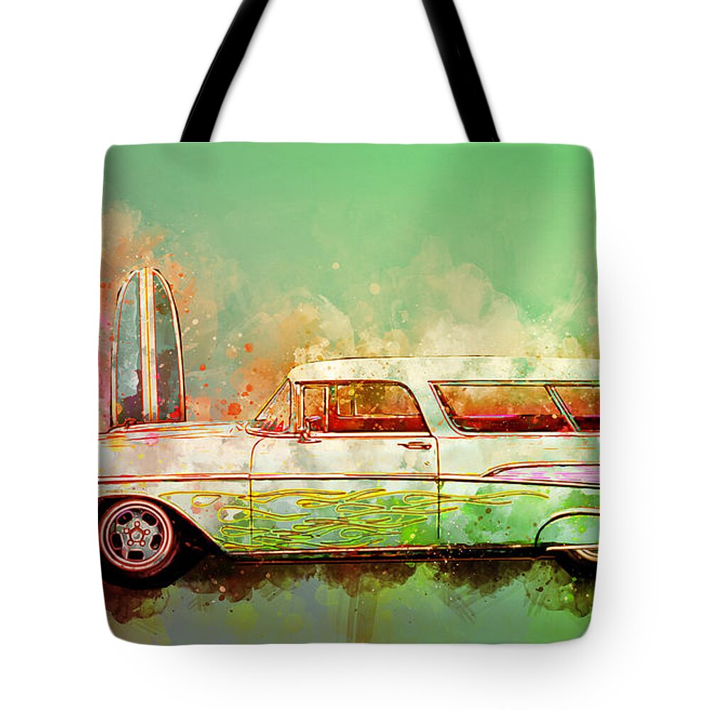 1957 Tote Bag featuring the digital art 57 Chevy Nomad Wagon Blowing Beach Sand by Chas Sinklier
