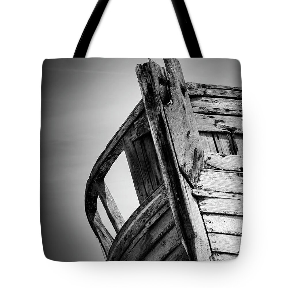 Dungeness Tote Bag featuring the photograph Old Abandoned Boat Portrait BW by Rick Deacon
