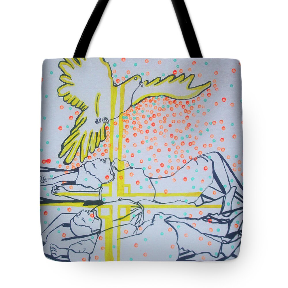 Jesus Tote Bag featuring the painting Slain In The Holy Spirit #6 by Gloria Ssali