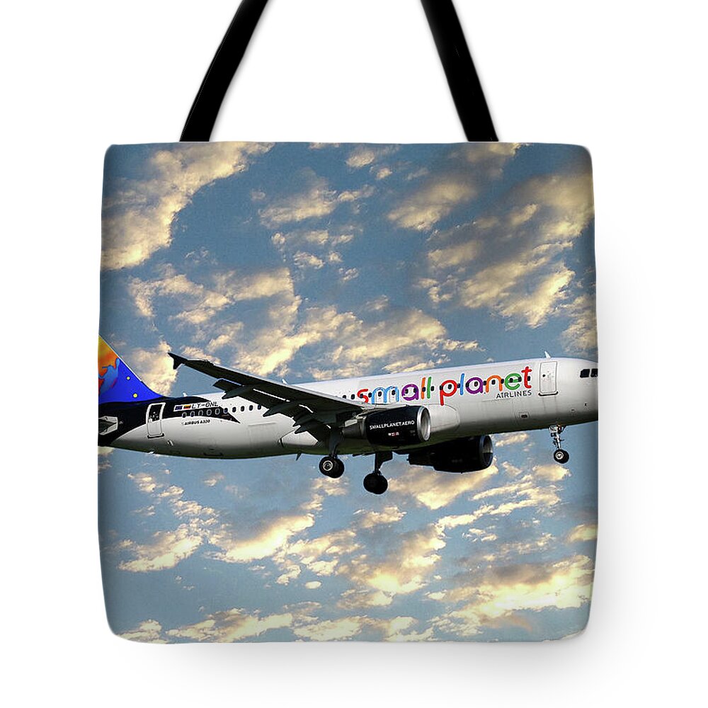 Small Planet Tote Bag featuring the photograph Small Planet Airlines Airbus A320-214 #6 by Smart Aviation