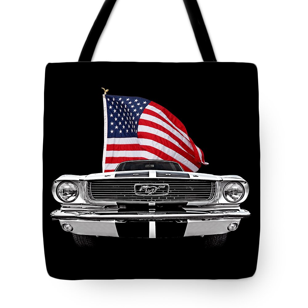 Ford Mustang Tote Bag featuring the photograph 66 Mustang With U.S. Flag On Black by Gill Billington