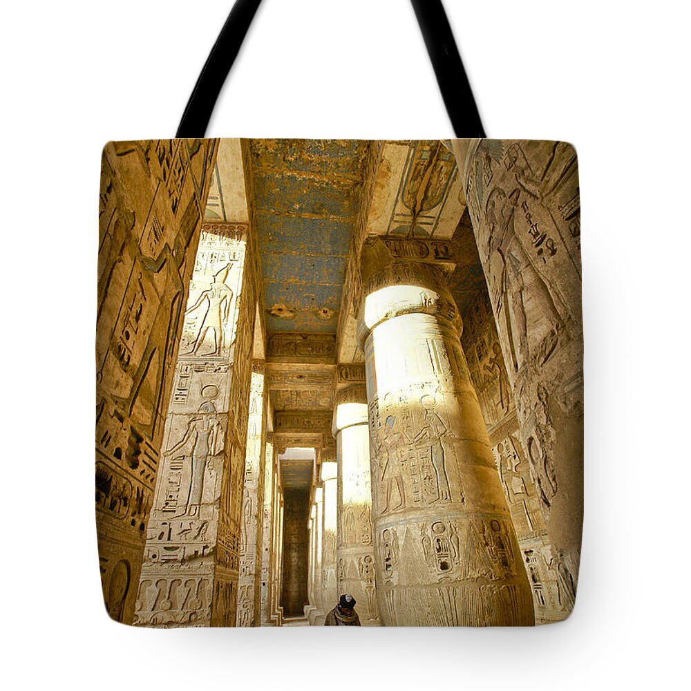 Egypt Tote Bag featuring the photograph Colonnade in an Egyptian Temple by Michele Burgess