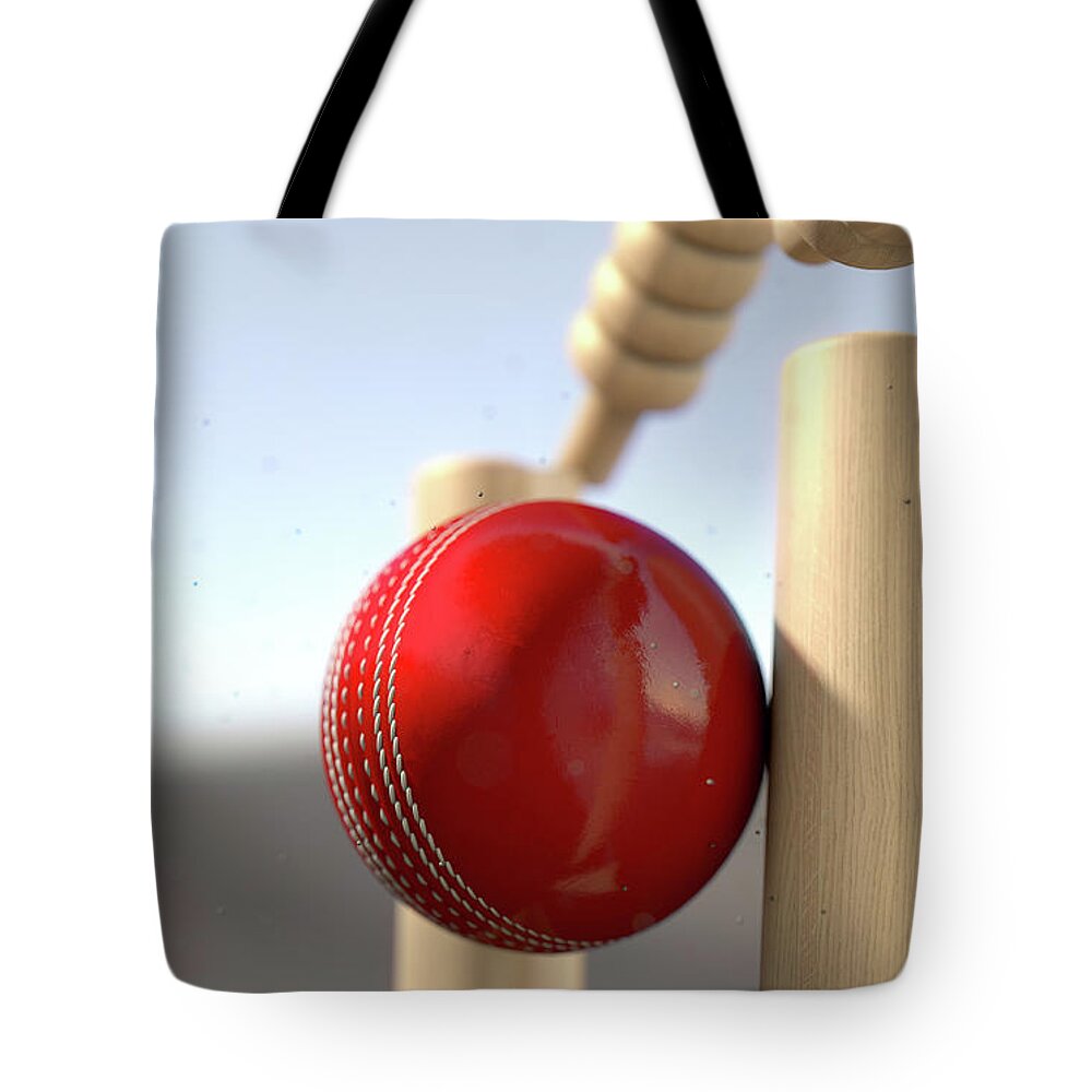 Action Tote Bag featuring the digital art Cricket Ball Hitting Wickets #7 by Allan Swart