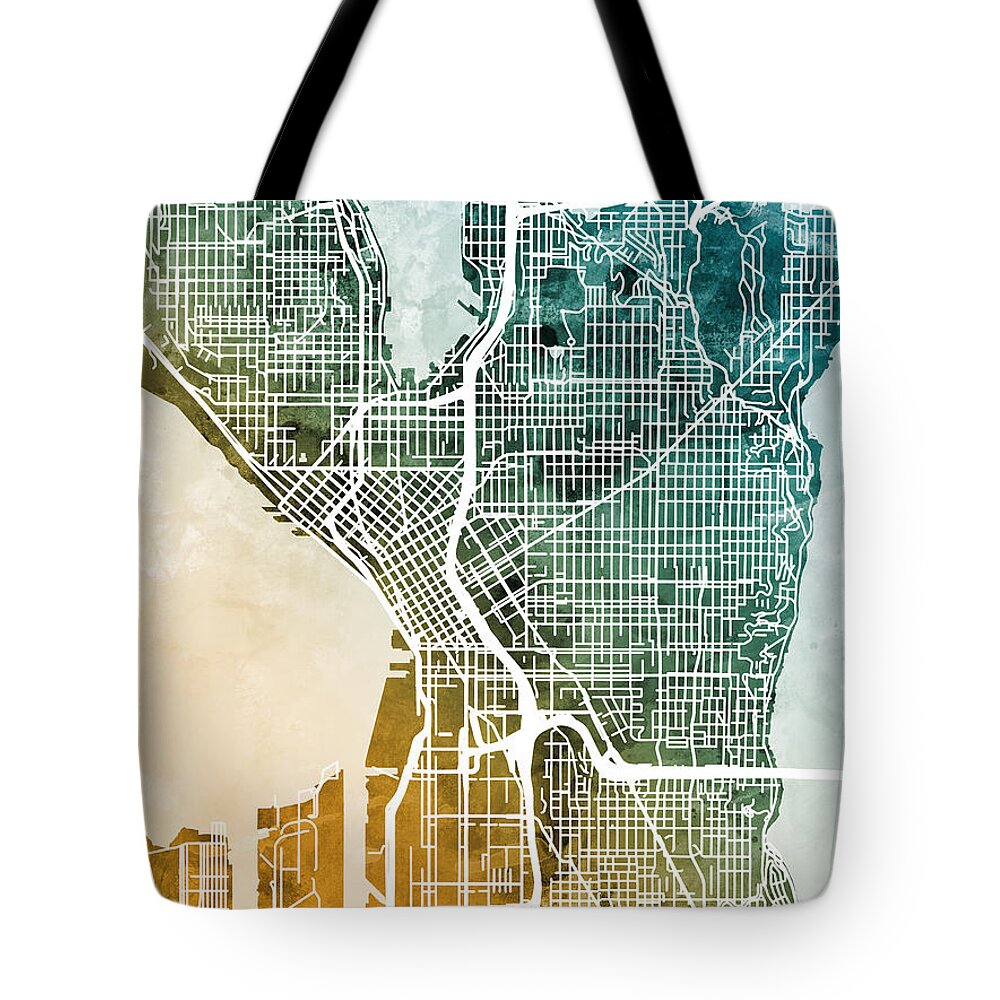 Street Map Tote Bag featuring the digital art Seattle Washington Street Map by Michael Tompsett