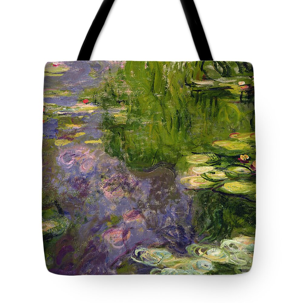 Nympheas; Water; Lily; Waterlily; Impressionist; Green; Purple Tote Bag featuring the painting Waterlilies by Claude Monet