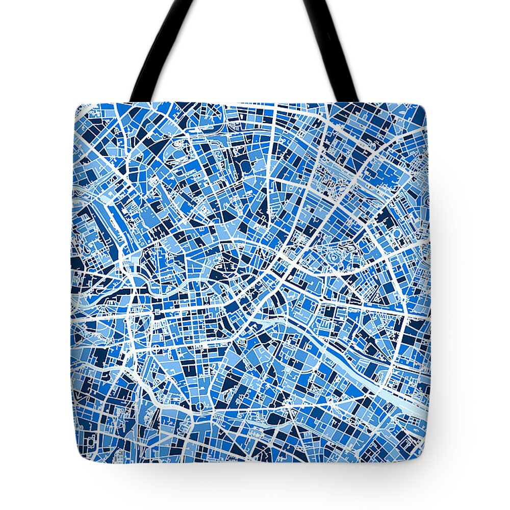 Berlin Tote Bag featuring the digital art Berlin Germany City Map by Michael Tompsett
